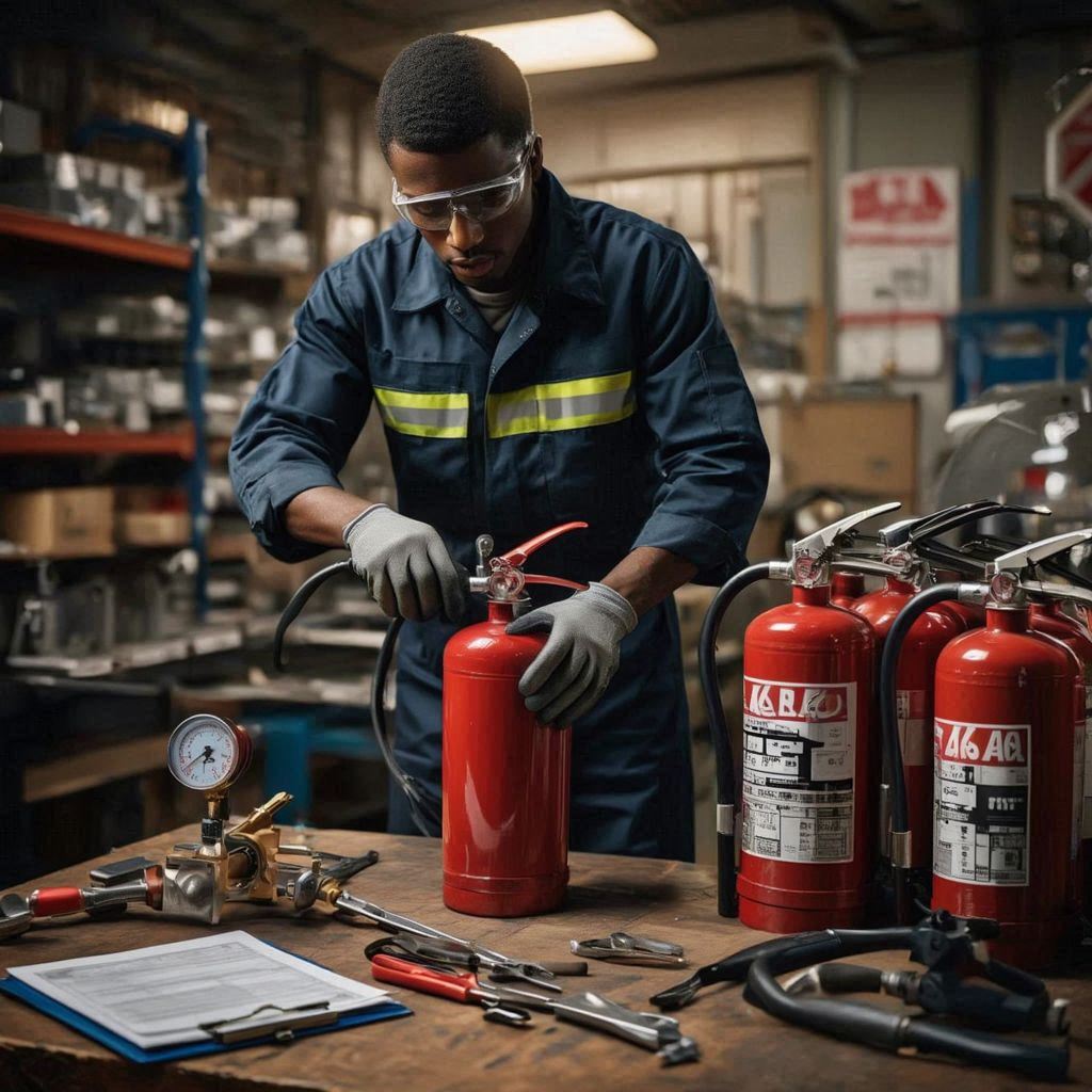 Fire safety technician inspecting a fire extinguisher mounted on a wall