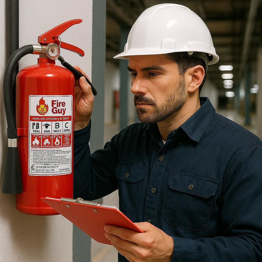 Technician servicing and maintaining fire extinguishers in a workshop